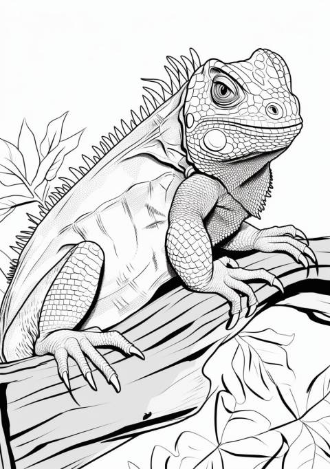 Reptiles and Amphibians Coloring Pages, 枝に座るイグアナ（爬虫類
