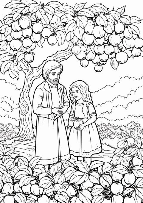 Adam and Eve Coloring Pages, Adán y Eva en el jardín bajo los manzanos