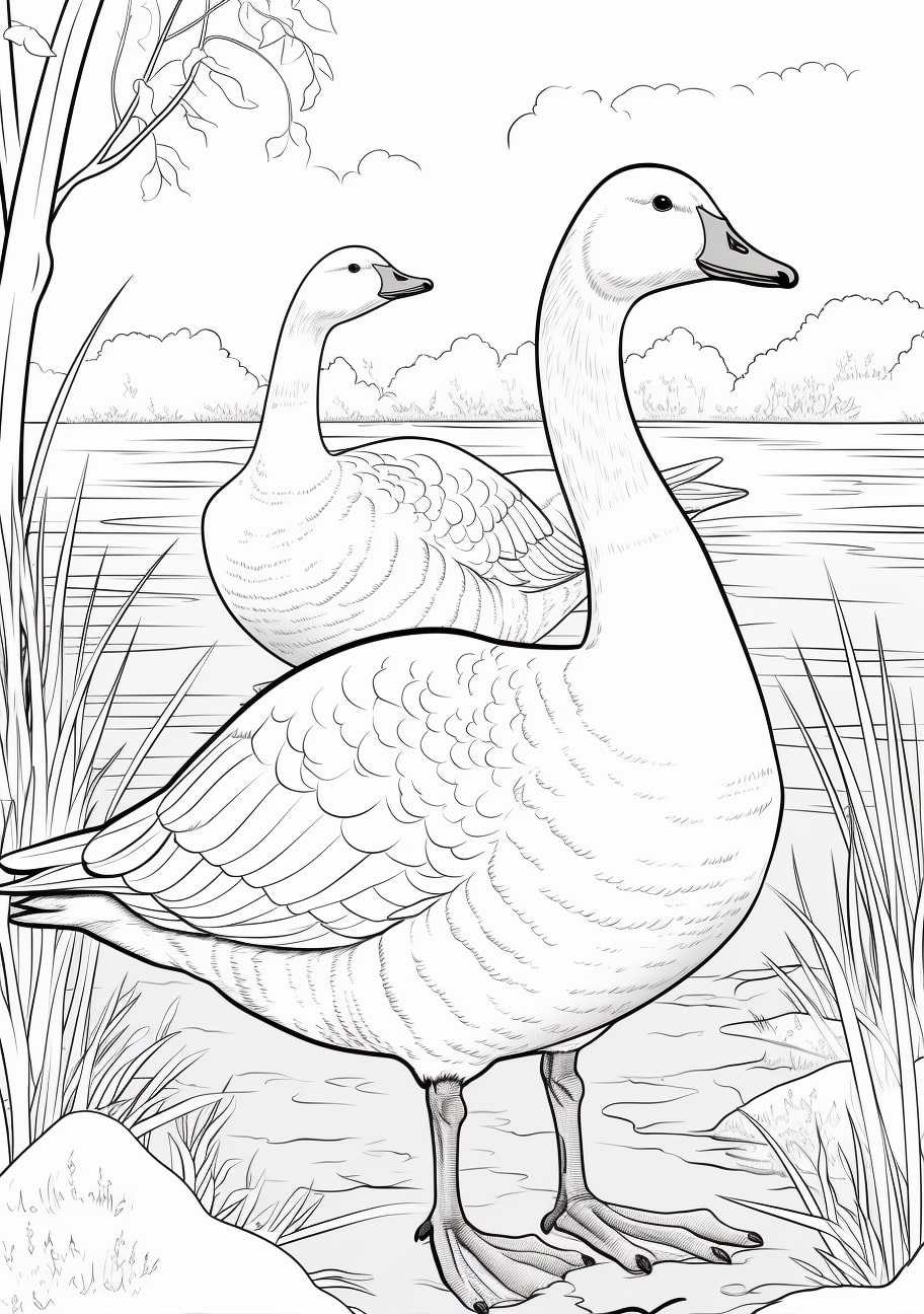 Geese Coloring Pages, Gansos cerca del río en los juncos