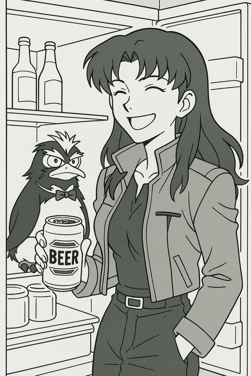 Neon Genesis Evangelion Coloring Pages, 葛城ミサトが缶ビールを手にニヤリ。その隣にはペンギンのペンペンがいる。