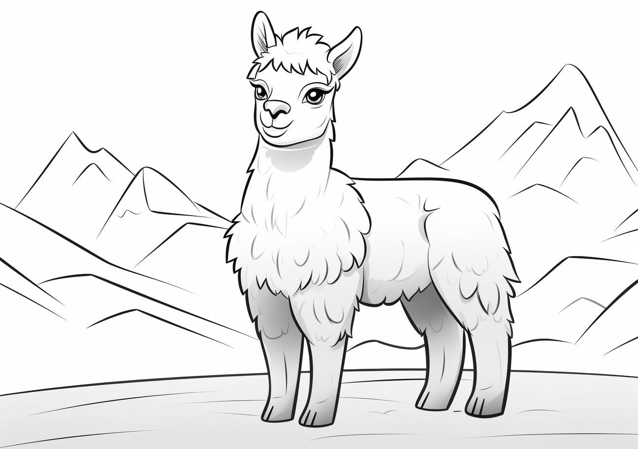 Alpaca Coloring Pages, Alpaca de dibujos animados en la montaña