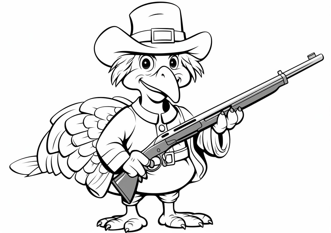 Turkey Coloring Pages, Cartoon Turkey with musket