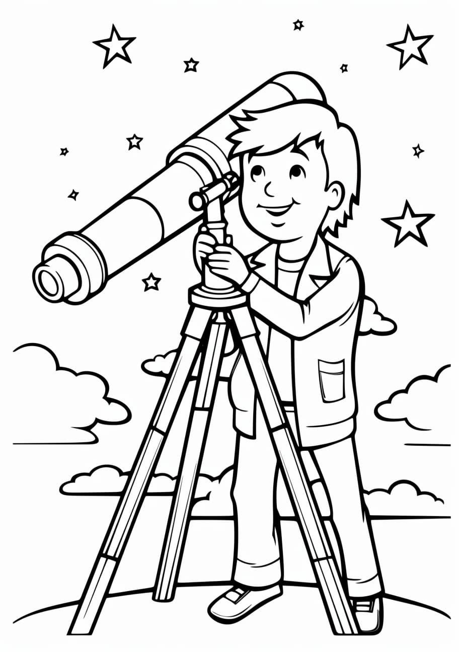 Telescope Coloring Pages, Un garçon regarde le ciel nocturne