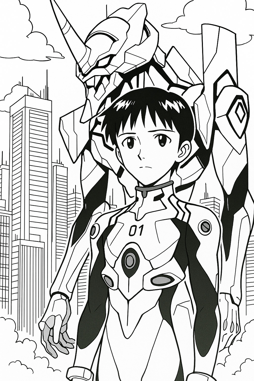 Neon Genesis Evangelion Coloring Pages, エヴァンゲリオン01号機の前に立つプラグスーツ姿の碇シンジ。