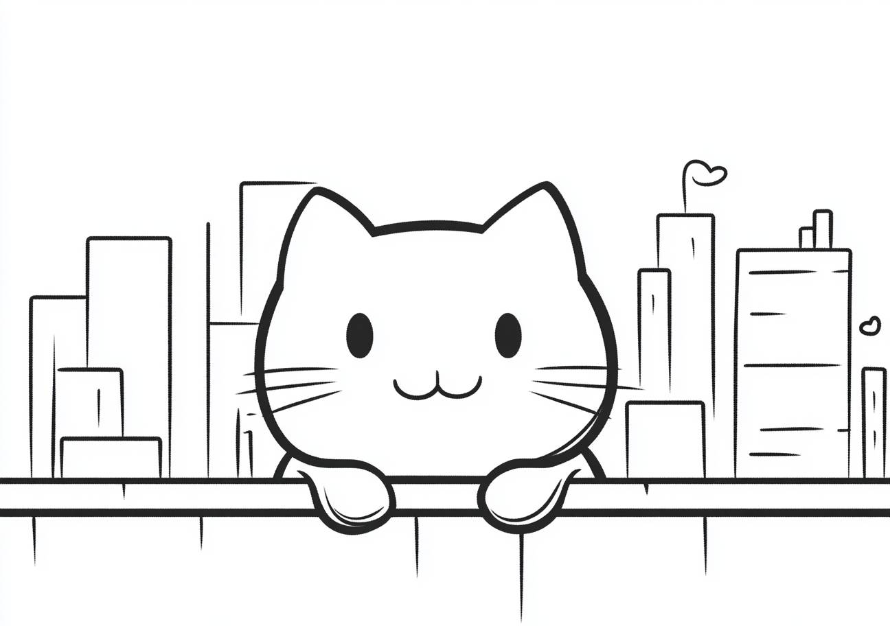 Cat Coloring Pages, simple cat on the background of the city