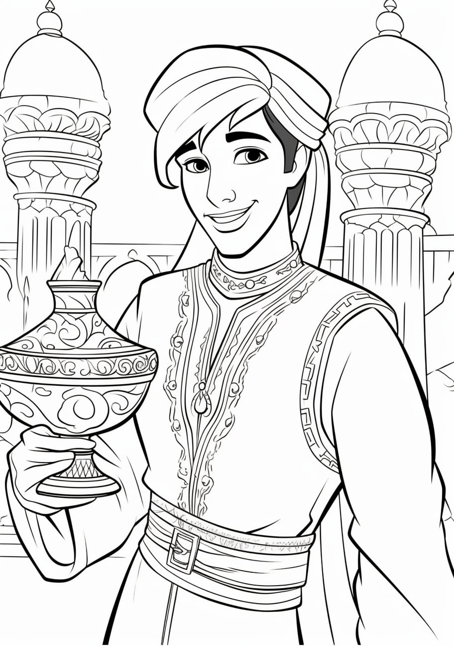 Aladdin Coloring Pages, 精霊のランプを持つアラジン
