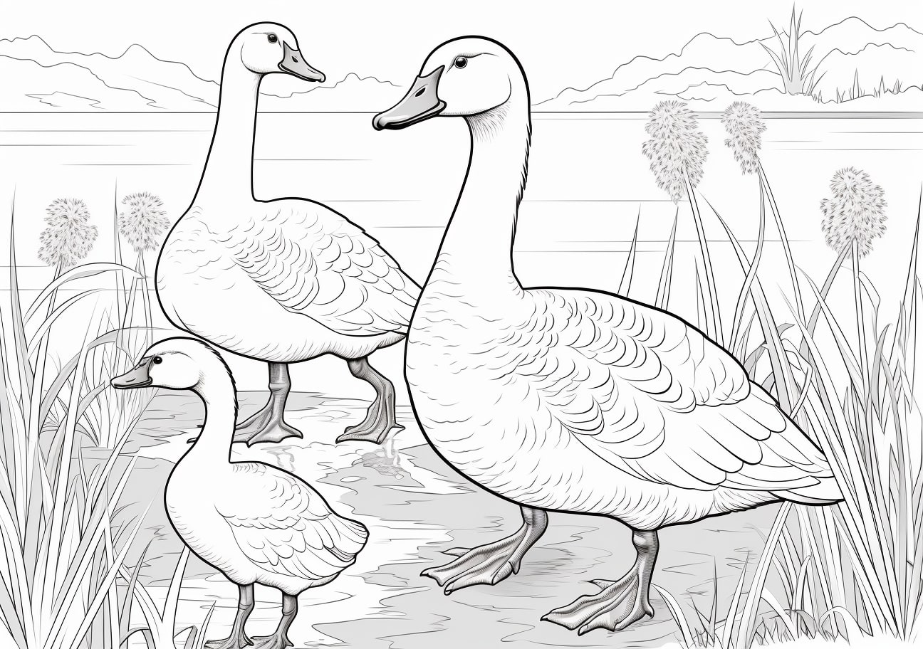 Geese Coloring Pages, Una cría de ganso y gansos adultos en un pantano