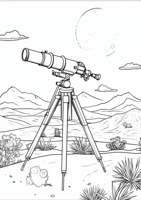 Telescope Coloring Pages, Dans le désert, en observant le ciel nocturne