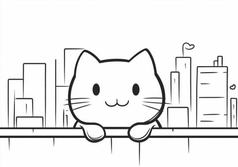 Cat Coloring Pages, simple cat on the background of the city