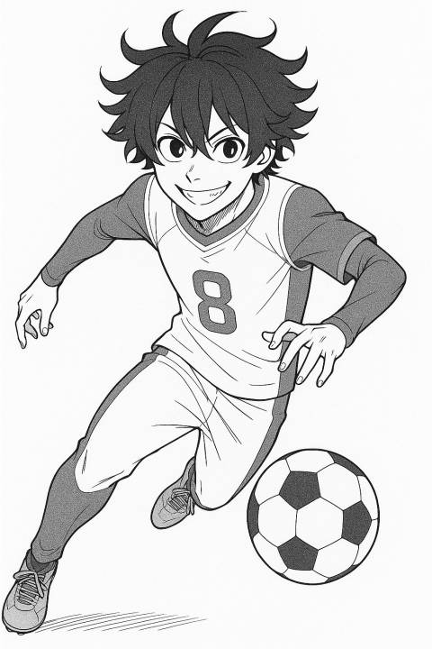 BLUE LOCK Coloring Pages, Bachira Meguru dribbling a soccer ball with a mischievous smile