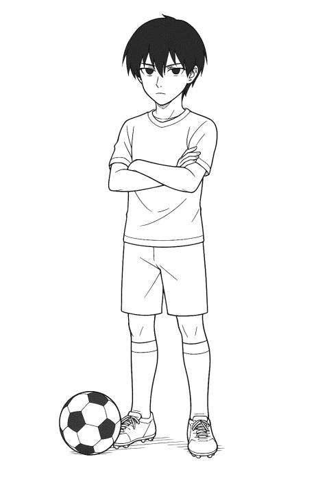 BLUE LOCK Coloring Pages, Rin Itoshi Calm and serious teen soccer player standing with arms crossed