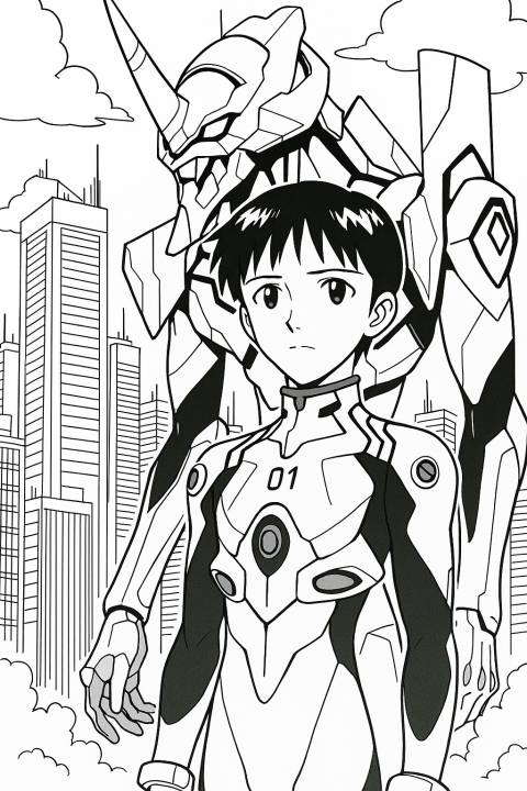 Shinji Ikari con su Plug Suit, de pie frente a la Unidad Evangelion-01, con el horizonte de Tokio-3 al fondo.