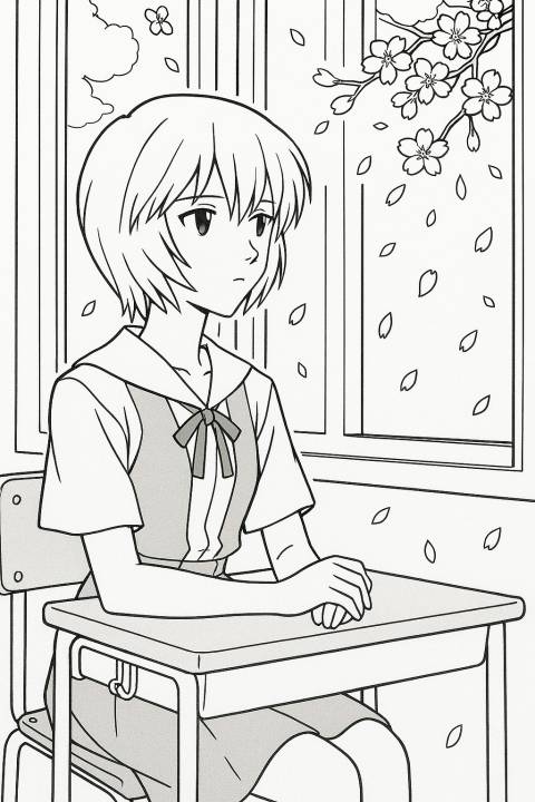 Neon Genesis Evangelion Coloring Pages, Rei Ayanami sitting quietly in a classroom seat, gazing out the window, cherry blossoms falling