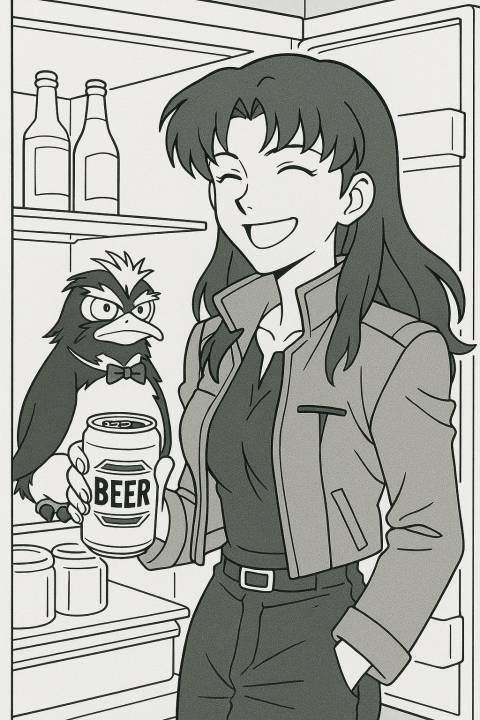 Neon Genesis Evangelion Coloring Pages, Misato Katsuragi holding a beer can and grinning, with Pen-Pen the penguin next to her in a fridge scene